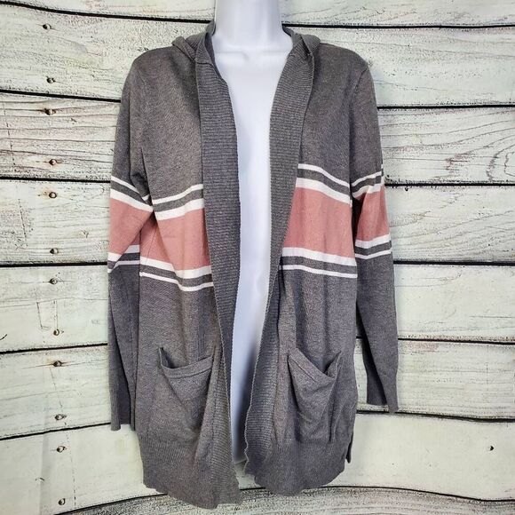 Pink Rose Gray Hooded Open Cardigan with Pink White Stripes Pockets Size Large - Picture 1 of 8